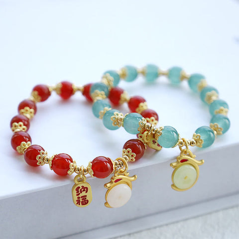 Year of the Dragon Red Agate Green Aventurine Peace Buckle Fu Character Lucky Fortune Bracelet