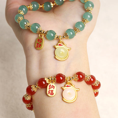 Year of the Dragon Red Agate Green Aventurine Peace Buckle Fu Character Lucky Fortune Bracelet