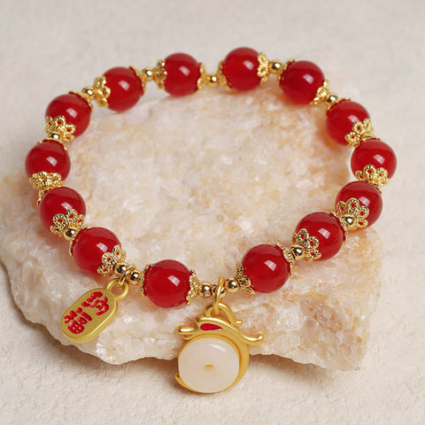 Year of the Dragon Red Agate Green Aventurine Peace Buckle Fu Character Lucky Fortune Bracelet