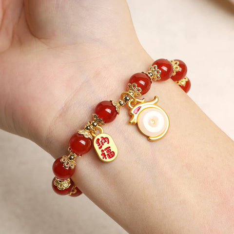 Year of the Dragon Red Agate Green Aventurine Peace Buckle Fu Character Lucky Fortune Bracelet