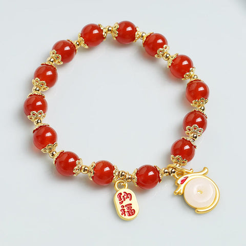 Year of the Dragon Red Agate Green Aventurine Peace Buckle Fu Character Lucky Fortune Bracelet