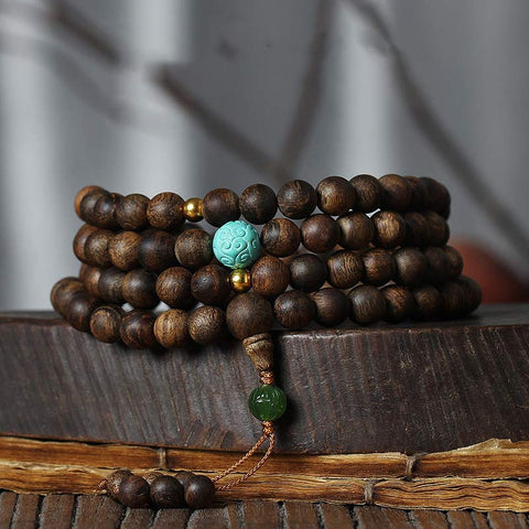 Piedras de Buda 108 cuentas Mala Nha Trang madera de agar turquesa oración meditación pulsera Mala