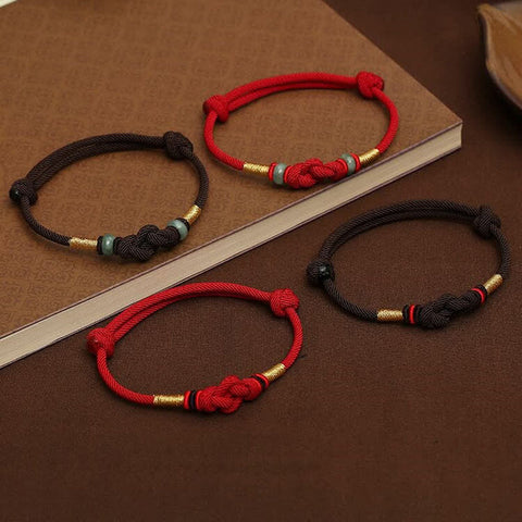 Pulsera de pareja trenzada con nudo de la suerte de Jade, hilo rojo, piedras de Buda