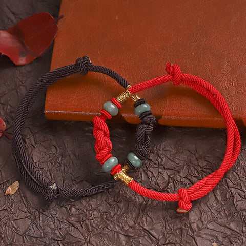 Pulsera de pareja trenzada con nudo de la suerte de Jade, hilo rojo, piedras de Buda