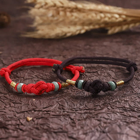 Pulsera de pareja trenzada con nudo de la suerte de Jade, hilo rojo, piedras de Buda