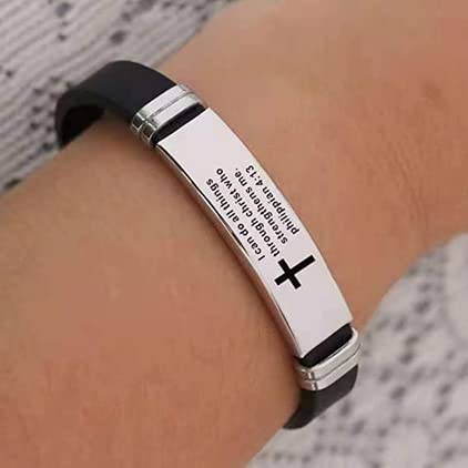 Inspirational Quote Cross Bracelets, Faith Christian Bible Verse Silicone ID Stainless Steel Rubber Adjustable Wristband, Religious Gift