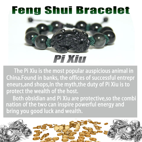 Pulsera de riqueza de obsidiana negra Feng Shui - Pixiu trae buena suerte y prosperidad 