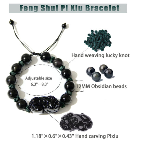 Pulsera de riqueza de obsidiana negra Feng Shui - Pixiu trae buena suerte y prosperidad 