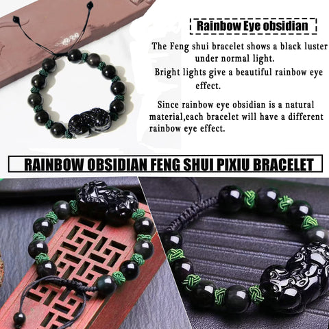 Pulsera de riqueza de obsidiana negra Feng Shui - Pixiu trae buena suerte y prosperidad 