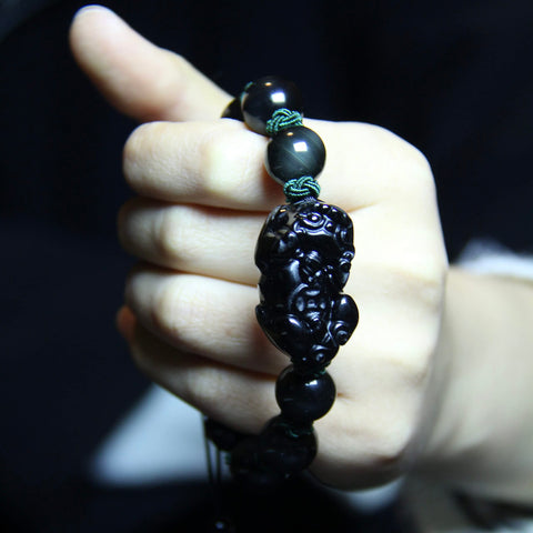 Pulsera de riqueza de obsidiana negra Feng Shui - Pixiu trae buena suerte y prosperidad 