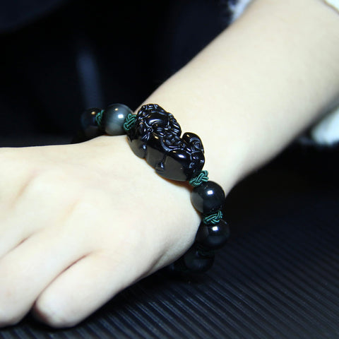 Pulsera de riqueza de obsidiana negra Feng Shui - Pixiu trae buena suerte y prosperidad 