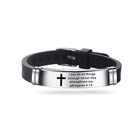 Inspirational Quote Cross Bracelets, Faith Christian Bible Verse Silicone ID Stainless Steel Rubber Adjustable Wristband, Religious Gift