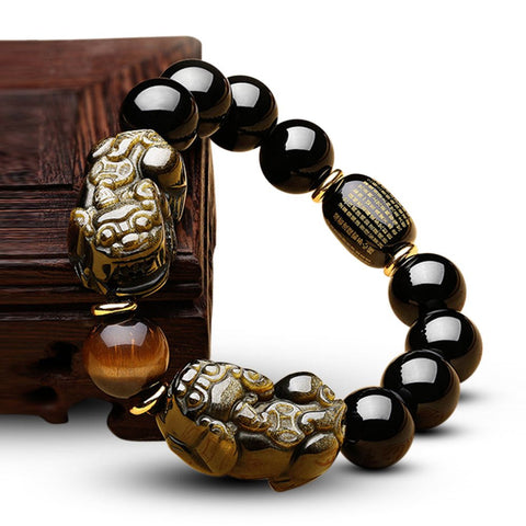 Natural Gold Obsidian Double Pi Yao Wealth Bracelet