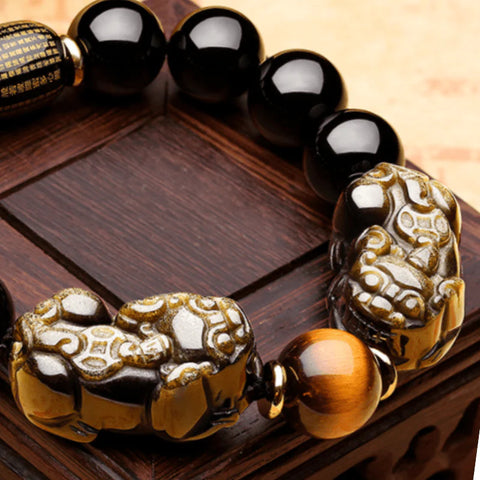 Pulsera Pixiu Doble Obsidiana Oro Natural