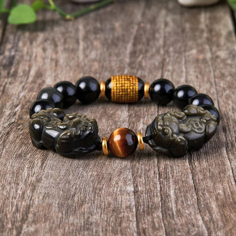 Pulsera Pixiu Doble Obsidiana Oro Natural