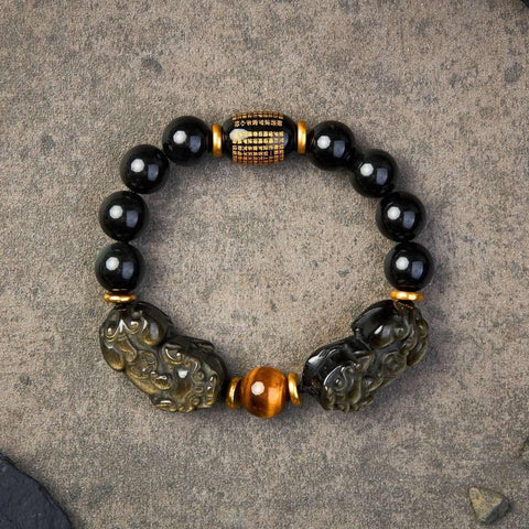 Natural Gold Obsidian Double Pixiu Bracelet