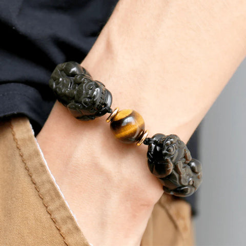 Pulsera Pixiu Doble Obsidiana Oro Natural