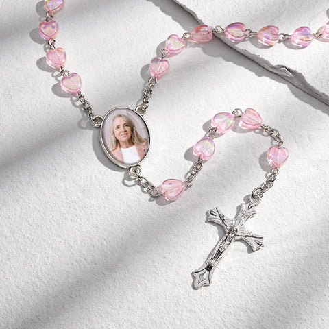 Sentimental For Catholics Collar de corazón personalizado con cuentas de rosario personalizado con foto