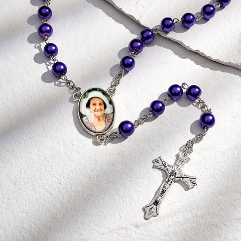 Custom Rosary Beads Cross Necklace Sentimental Memorial Gifts For Catholics Necklace With Photo