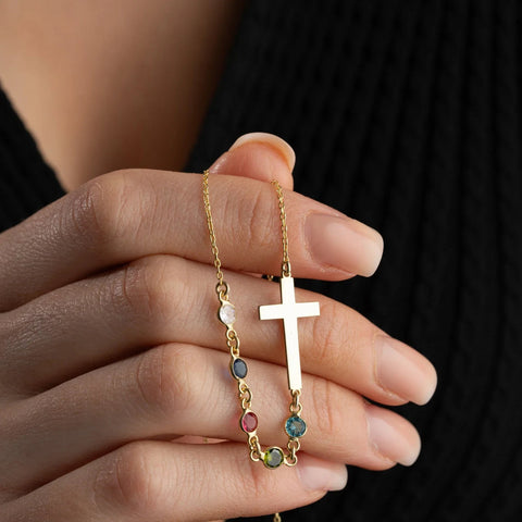 Collar de cruz de plata con piedra de nacimiento personalizado, collar de piedra de nacimiento de la familia cruzada