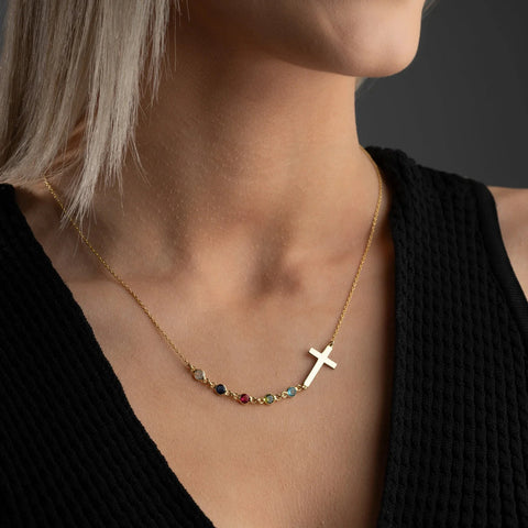 Personalized Birthstone Silver Cross Necklace, Cross Family Birthstone Necklace