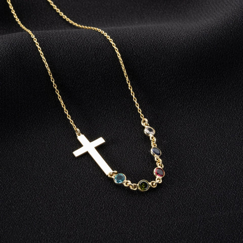 Personalized Birthstone Silver Cross Necklace, Cross Family Birthstone Necklace