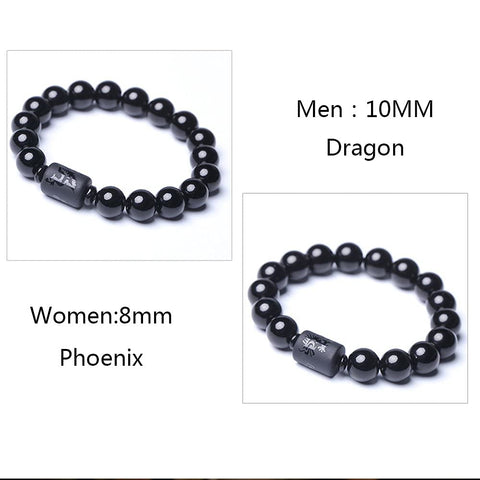 Natural Obsidian Stone Bead Bracelet, Dragon and Phoenix Totem Jewelry