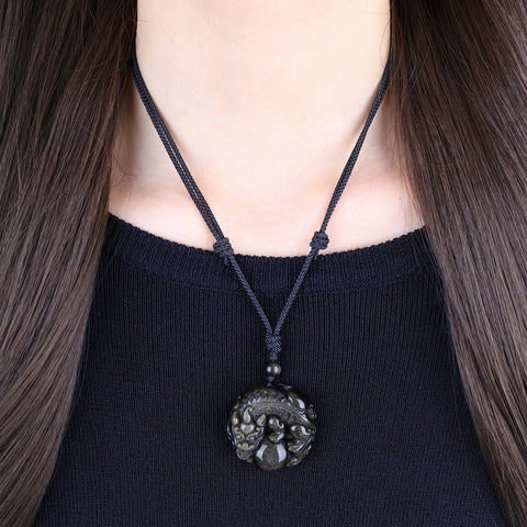 Pixiu Gemstone Obsidian Pendant Amulet Necklace