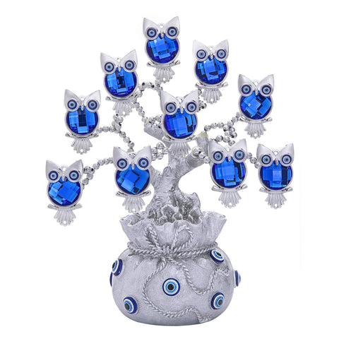 Blue Evil Eye Money Tree with Painted Golden Buddha Statue White Artificial Flowers