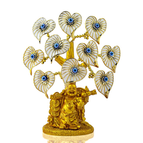 Árbol del dinero del mal de ojo azul con estatua de Buda dorada pintada, flores artificiales blancas 