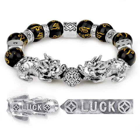 Feng Shui Bracelet Prosperity Double Pi Xiu/Pi Yao Black Mantra Bead Bracelet with Golden Dice Attract Wealth and Good Luck