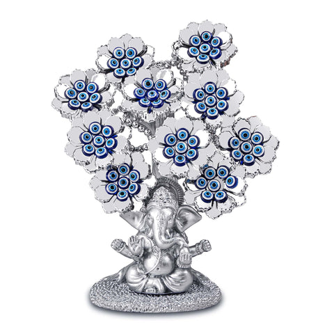 Árbol del dinero del mal de ojo azul con estatua de Buda dorada pintada, flores artificiales blancas 