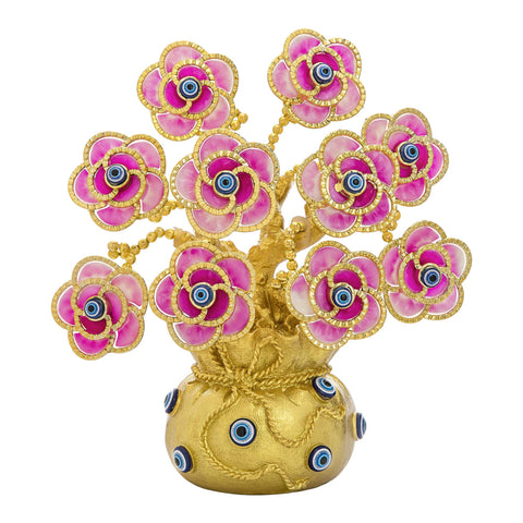 Blue Evil Eye Money Tree with Painted Golden Buddha Statue White Artificial Flowers