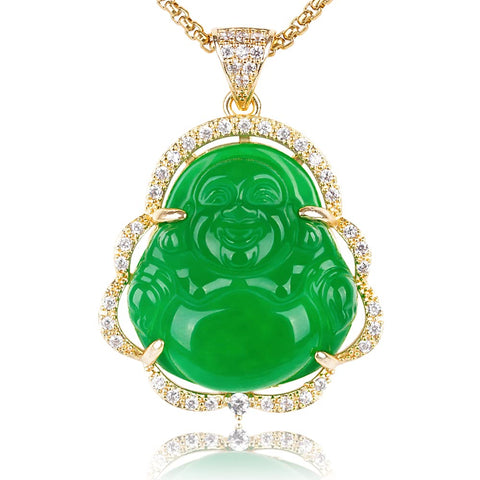 Laughing Buddha Necklace  Green Jade Buddha Pendant  , Lucky Buddha Necklace