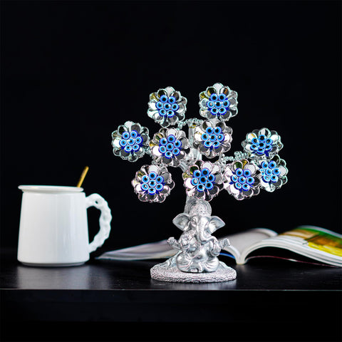 Blue Evil Eye Money Tree with Painted Golden Buddha Statue White Artificial Flowers