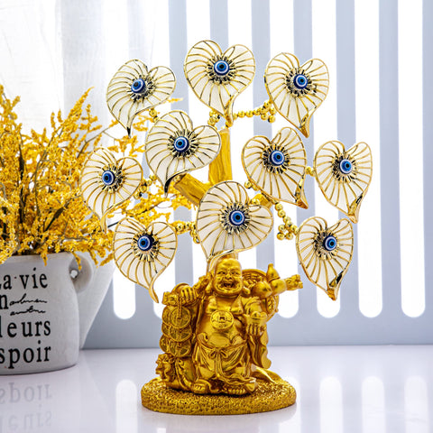 Blue Evil Eye Money Tree with Painted Golden Buddha Statue White Artificial Flowers