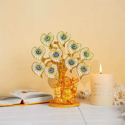 Árbol del dinero del mal de ojo azul con estatua de Buda dorada pintada, flores artificiales blancas 