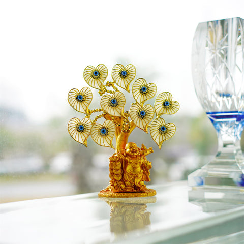 Árbol del dinero del mal de ojo azul con estatua de Buda dorada pintada, flores artificiales blancas 