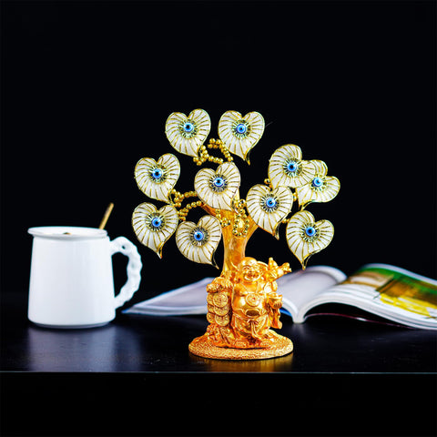 Blue Evil Eye Money Tree with Painted Golden Buddha Statue White Artificial Flowers