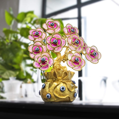 Blue Evil Eye Money Tree with Painted Golden Buddha Statue White Artificial Flowers