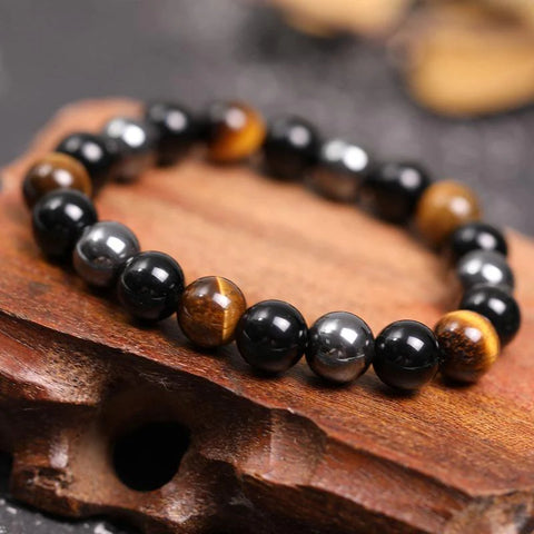 Pulsera de triple protección: ojo de tigre, obsidiana y hematita 