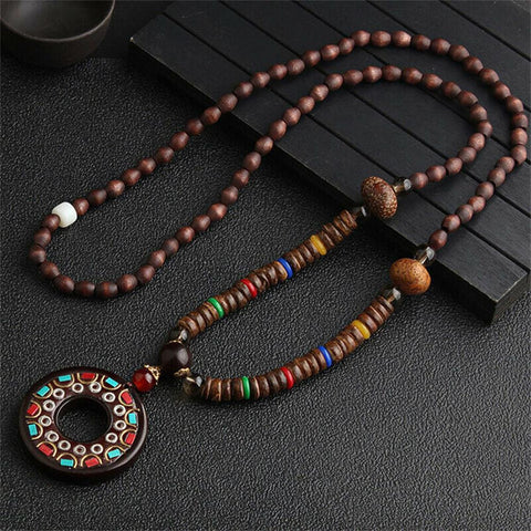 Unisex Handmade Necklace Nepal Buddhist Mala Wood Beads Pendant