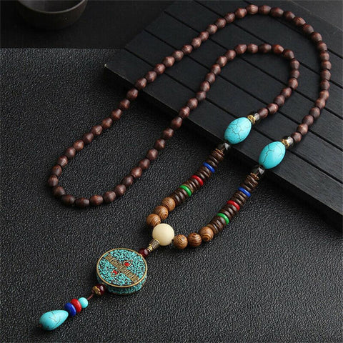 Unisex Handmade Necklace Nepal Buddhist Mala Wood Beads Pendant