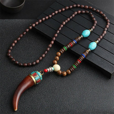 Unisex Handmade Necklace Nepal Buddhist Mala Wood Beads Pendant