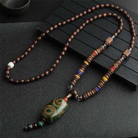 Unisex Handmade Necklace Nepal Buddhist Mala Wood Beads Pendant