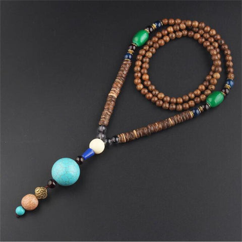 Unisex Handmade Necklace Nepal Buddhist Mala Wood Beads Pendant