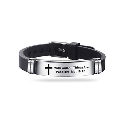 Inspirational Quote Cross Bracelets, Faith Christian Bible Verse Silicone ID Stainless Steel Rubber Adjustable Wristband, Religious Gift