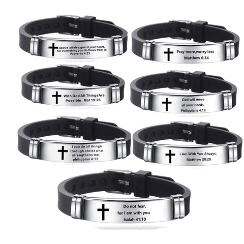 Inspirational Quote Cross Bracelets, Faith Christian Bible Verse Silicone ID Stainless Steel Rubber Adjustable Wristband, Religious Gift