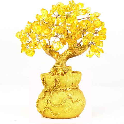 Feng Shui Citrine/Yellow Crytal Money Tree with Chinese Dragon Pots