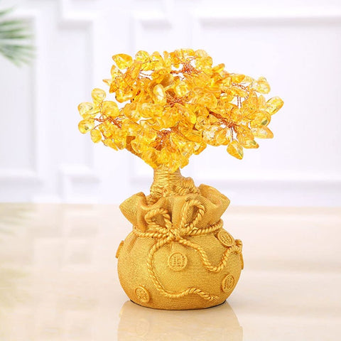 Feng Shui Citrine/Yellow Crytal Money Tree with Chinese Dragon Pots